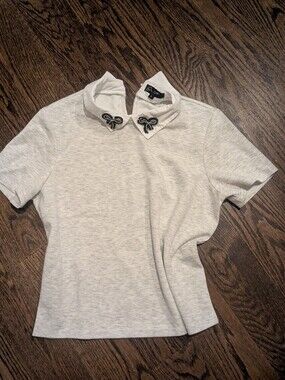 Light Heather Gray Embellished Peter Pan Collar Top With Rhinestone Bows